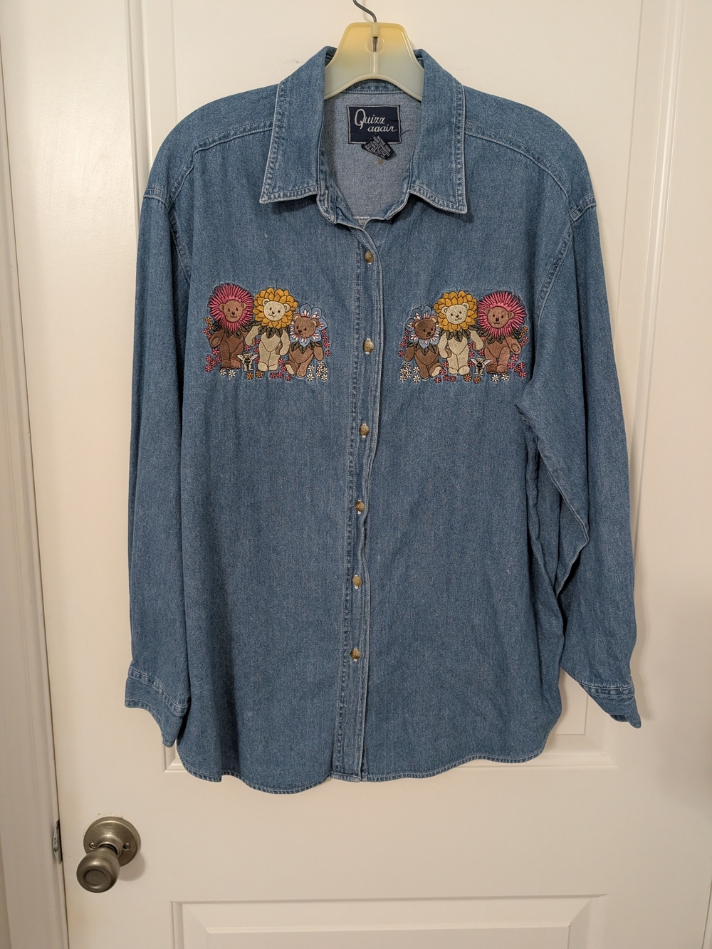 Vintage Quizz Again Denim Shirt M Embroidered Teddy Bear Flowers Cottagecore